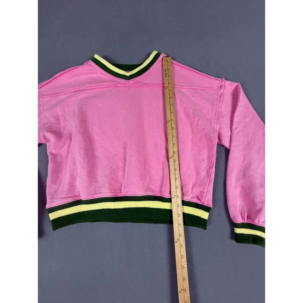 Free People Sweatshirt Womens Medium Pink V-Neck Cropped‎ Striped Trim Boxy Top